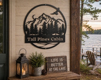 Custom Metal Tree Sign, Rustic Cabin Porch Decor, Family Name Wall Art
