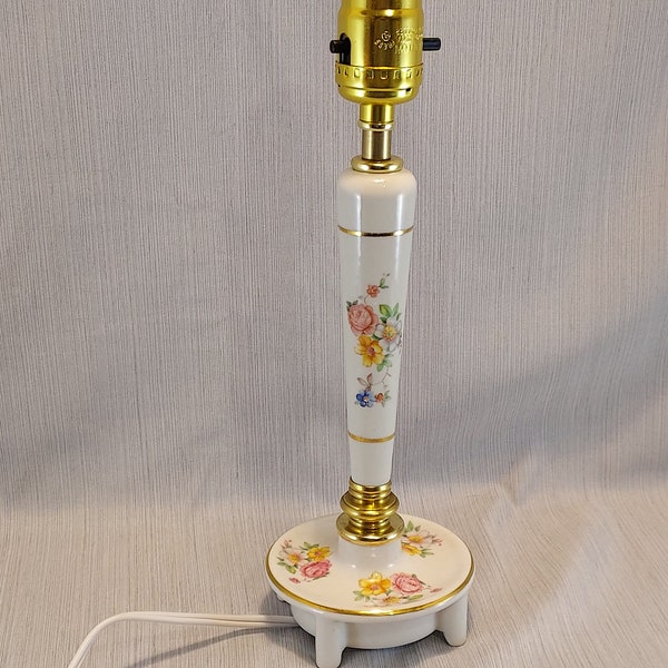 Vintage Porcelain Candlestick Lamp, White with Yellow and Pink Flowers, 11.75" High, Brass Plated Hardware, Gold Accents