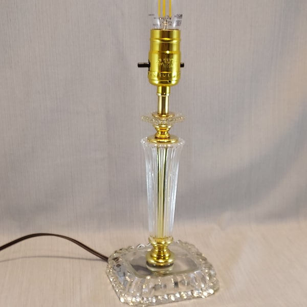 Vintage Glass Lamp with Ribbed Column and Square Base, 11" High, Brass and Brass Plated Hardware