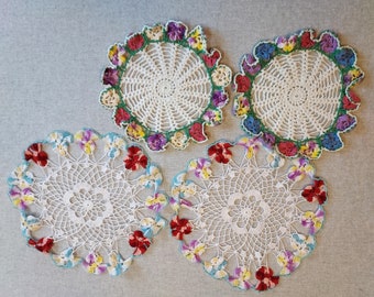 Vintage Hand Crocheted Doilies with Pansy Flowers, 2 Pairs, Measure 9" to 11" Across, Vintage Decor