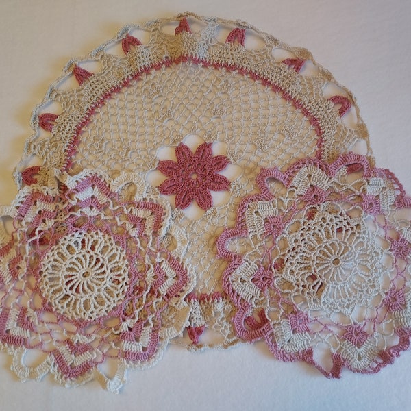 Vintage Hand Crocheted Doilies, Shades of Mauve or Pink, Craft or Vintage Decor, Lot of 3