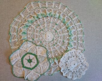 Vintage Hand Crocheted Light Green and White Doilies, Lot of 3, Measure 8" to 19" Across. Vintage Decor, See Description