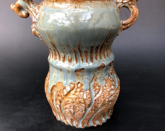 tall blue carved vase--- handmade ceramic pottery