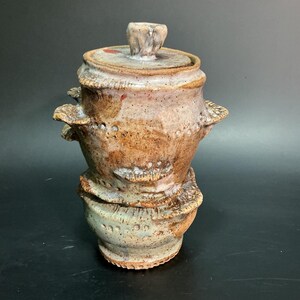Op de afbeelding: Een handgemaakte keramische pot met deksel, voorzien van een gespikkeld bruin en beige glazuur met getextureerde, organische randen. De pot heeft een cilindrisch lichaam met kleine uitstekende decoratieve elementen en een gebeeldhouwde knop op het deksel, wat een rustieke, onregelmatige afwerking over het hele stuk laat zien.