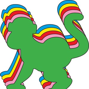 May include: A layered stack of green monkey cutouts, each outlined in a different color: blue, yellow, red, and pink.
