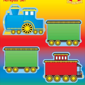 May include: A set of mini notepads shaped like a blue train engine, two green train cars, and a red caboose. Each notepad has yellow wheels and a blue outline. The packaging reads "140 Sheets Mini Notepad Set."