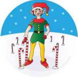 May include: A cartoon illustration of a Christmas elf standing in the snow, surrounded by candy canes. The elf wears a green tunic, red hat, and yellow tights. The background features a blue sky.