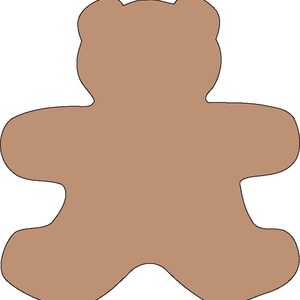 May include: A brown teddy bear shape with rounded edges. The bear has a head, arms, and legs, all in a solid brown color. The outline is a darker brown.