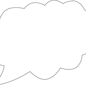 May include: A white speech bubble with a rounded, irregular shape. The bubble has a pointed tail at the bottom.