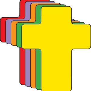 May include: A set of five colorful cross-shaped floor markers in red, purple, orange, green, and yellow.