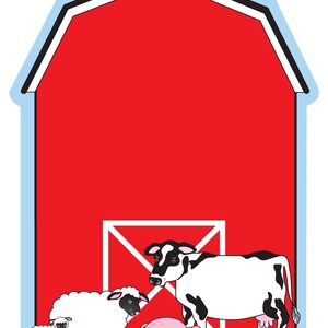 May include: A red barn-shaped illustration with a blue border, featuring a white door and a farm scene. A black and white cow, two sheep, a pink pig, and yellow chicks are in the foreground. The image has a cartoon style.