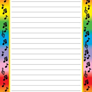 May include: Lined paper with a rainbow border and musical notes. The border transitions from red to orange, yellow, green, blue, and purple. Black musical notes and treble clefs frame the white paper.