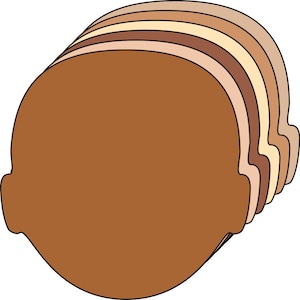 May include: A set of five brown, beige, and cream colored paper face cutouts. The cutouts are layered on top of each other, with the largest cutout on the bottom and the smallest cutout on top.