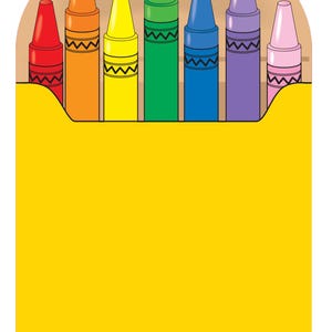 May include: A yellow crayon box with seven colorful crayons. The crayons are red, orange, yellow, green, blue, purple, and pink. The crayons have a zig-zag design on the bottom. The text "SE-94 ©1993, 2002 CREATIVE SHAPES ETC." is at the bottom.