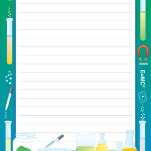 Peut inclure: Une conception de papier ligné sur le thème de la science avec un fond blanc et une bordure bleue. La bordure présente des éprouvettes, des béchers et des symboles scientifiques. La conception comprend le texte "E=MC²" et une loupe avec un insecte rouge.