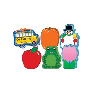May include: A collection of colorful, die-cut shapes including a school bus, pumpkin, snowman, frog, apple, and tulip. The school bus has the text "Our Field Trip by Amy". The shapes are in bright primary colors and are arranged on a white background.