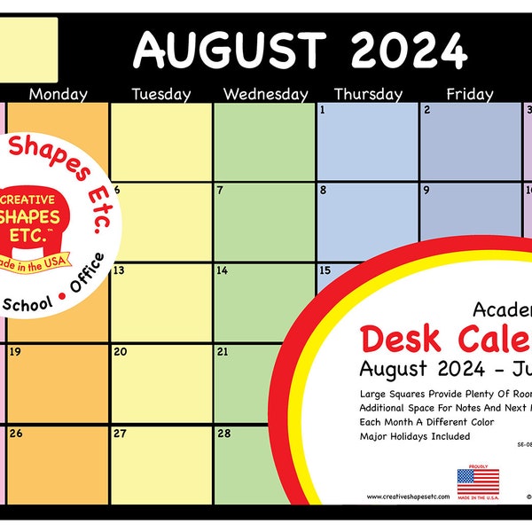 2024-2025 Academic Year Desk Calendar Chalkboard Design, 12 months from August -July with notes space and major holidays.