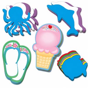 May include: A collection of die-cut paper shapes including a blue octopus, a blue dolphin, a pair of green flip-flops with pink flowers, a pink ice cream cone with a cherry and sprinkles, and a blue fish, all stacked in multiple layers.