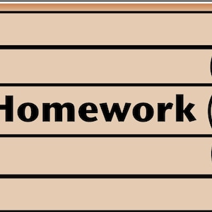 May include: A tan-coloured pencil-shaped graphic with the word "Homework" in black letters. The pencil has a black eraser end and a black pencil tip. The image is on a tan background.