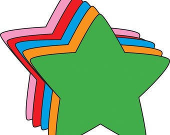 May include: A stack of colorful star-shaped stickers in shades of pink, red, blue, orange, and green. The stickers are layered, with the green star in front, and each star has a white outline.