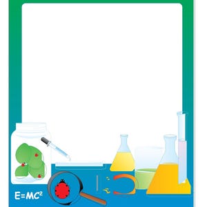 Peut inclure: Illustration sur le thème de la science avec une bordure verte et bleue. L'image présente du matériel de laboratoire, notamment des béchers, une loupe avec une coccinelle et un bocal avec des objets verts. L'équation E=MC² est également présente.