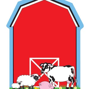 May include: A colorful barn-shaped illustration featuring a red barn with a blue outline. The scene includes a black and white cow, a pink pig, two sheep, and several yellow chicks. The text "SE-775 1994, 2004 SHAPES ETC." is at the bottom.