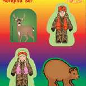 May include: A mini notepad set featuring four unique shapes: a deer, a hunter, a female hunter, and a bear. The notepads are on a colorful background with the text "Mini Notepad Set" and "Creative Shapes Etc."