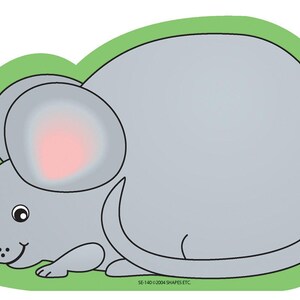 May include: A cartoon illustration of a gray mouse with a pink nose and ear, set against a green background. The mouse is in a resting position, with its tail curled. The image has the text "SE-140 ©2004 SHAPES ETC."