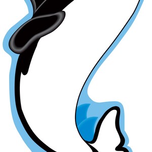 May include: A die-cut image of an orca whale with a black dorsal fin and markings, a white body, and a blue outline. The whale has a blue eye and a pink mouth. The image is a cartoon style illustration.