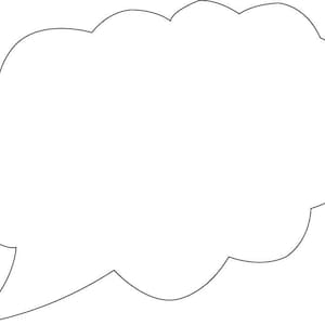 May include: A white speech bubble with a cloud-like outline. The bubble has a tail extending from the bottom left, indicating a spoken thought or idea. The design is simple and clean, suitable for various graphic applications.