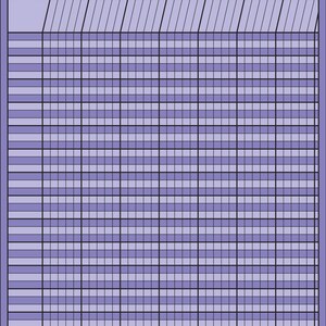 May include: A light purple chart with a grid of small squares and horizontal stripes. The chart has a rectangular header and a border. The grid is divided by black lines. The chart is designed for tracking or organizing information.