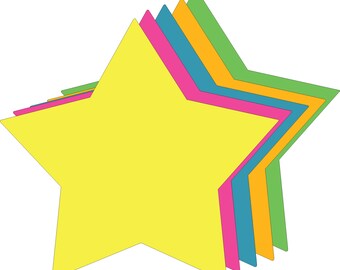 May include: Five layered star-shaped stickers in yellow, pink, blue, orange, and green.
