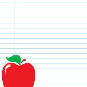 May include: A sheet of lined paper with a large red apple and a yellow pencil. The apple has a green leaf and a brown stem. The pencil is positioned horizontally below the apple. The paper has blue lines.