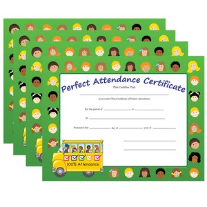 May include: A green certificate with a yellow school bus and the text "Perfect Attendance Certificate". The certificate is surrounded by a border of cartoon children's faces.