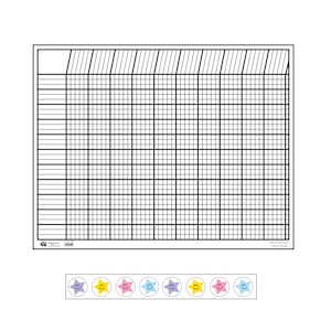 May include: A white chart with a grid pattern and a header section. Below the chart are colorful star stickers with smiley faces. The chart is designed for tracking and organization, suitable for educational or personal use.