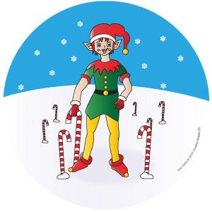 May include: A cartoon illustration of a Christmas elf in a green tunic, red hat, and yellow leggings, surrounded by candy canes. The elf is holding a candy cane. The background is a blue sky with snowflakes.