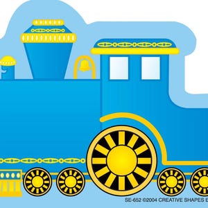 May include: A blue cartoon train with yellow and black accents. The train has a smokestack, bell, and large wheels. The image includes the text "SE-652 ©2004 CREATIVE SHAPES ETC."
