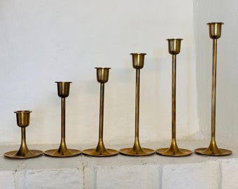 Vintage Brass Candlesticks Set of 6, Graduated Taper Candle Holders, Made in Taiwan, Mid Century Modern Table Decor