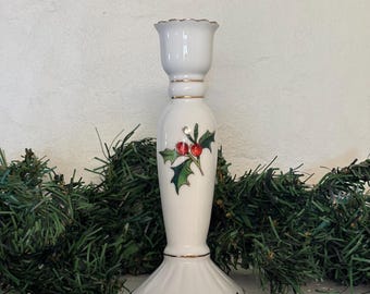 Vintage A Cup of Christmas Tea Candle Holder, 1999 Waldman House Press Bone China Candlestick, Holly Berry Christmas Decor