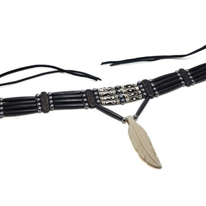 Handmade Traditional 4 Row Buffalo Bone Hairpipe Beads Tribal Choker Necklace with Feather Pendant