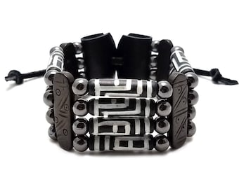 Handmade Traditional 4 Row Black Carved Buffalo Bone Hairpipe Beads Tribal Bracelet