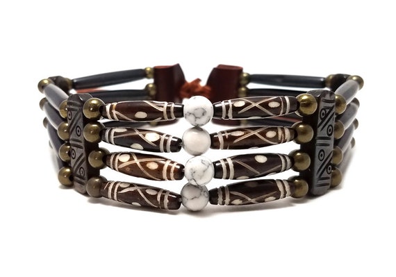 Handmade Brown Traditional 4 Row Buffalo Bone Hairpipe Tribal Choker Necklace