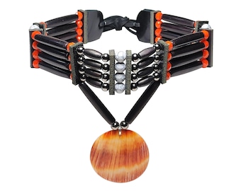 Traditional 4 Row Buffalo Bone Hairpipe Beads Tribal Choker Necklace with Spiny Oyster Seashell Pendant