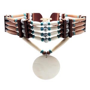 Traditional 4 Row Buffalo Bone Hairpipe Beads Tribal Choker Necklace with Mother of Pearl Sea Shell Pendant