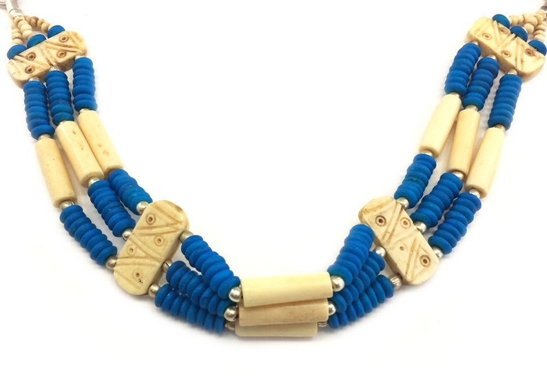 Handmade Traditional 3 Line Buffalo Bone Hairpipe Beads Tribal Choker Necklace