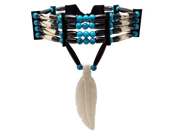Traditional 4 Row Buffalo Bone Hairpipe Beads Tribal Choker Necklace with Feather Pendant