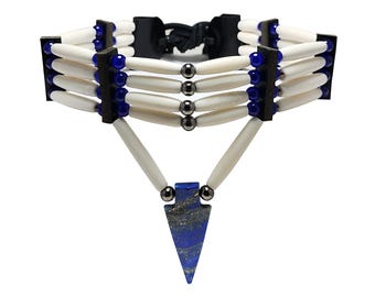 Traditional 4 Row Buffalo Bone Hairpipe Beads Tribal Choker Necklace with Lapis Lazuli Arrowhead Pendant