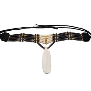 5 Row Buffalo Bone Hairpipe Beads Tribal Choker Necklace with Feather Pendant