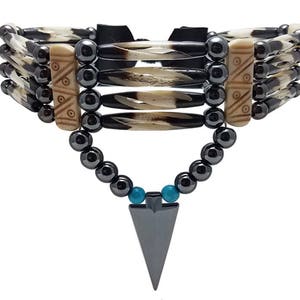 Handmade Traditional 4 Row Carved Buffalo Bone Hairpipe Tribal Choker Necklace with Arrowhead Pendant