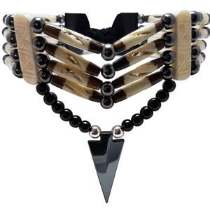 Handmade Traditional 4 Row Carved Buffalo Bone Hairpipe Tribal Choker Necklace with Arrowhead Pendant